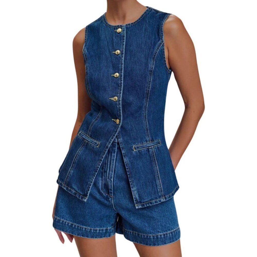 Women's Denim 2 Piece Set Sleeveless Button High Waist Shorts Casual Outfit